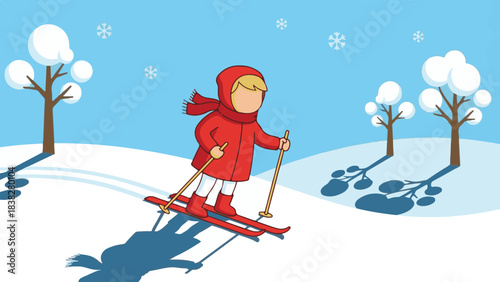 Winter skiing fun: Cartoon character enjoying snow with trees and flakes