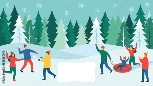 Joyful people enjoying winter activities like snowball fight and tubing