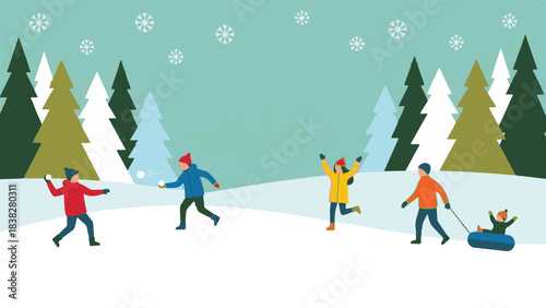 Happy family enjoying winter activities, playing in snow with trees