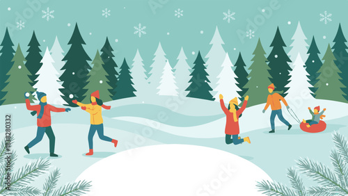 Happy family and friends enjoying various winter activities in a snowy forest
