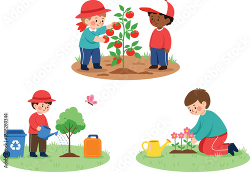 Happy diverse children planting a tree, watering flowers, and harvesting tomatoes, illustrating gardening, nature care, and environmental education concepts.