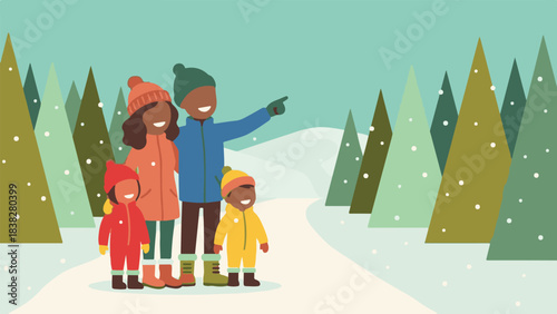 Happy diverse family walking through a snowy winter forest illustration