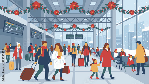 Travelers in a snow-covered airport terminal decorated for Christmas holidays