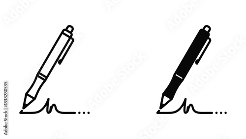 Pen signing icons, outline and solid minimal signature vector set
