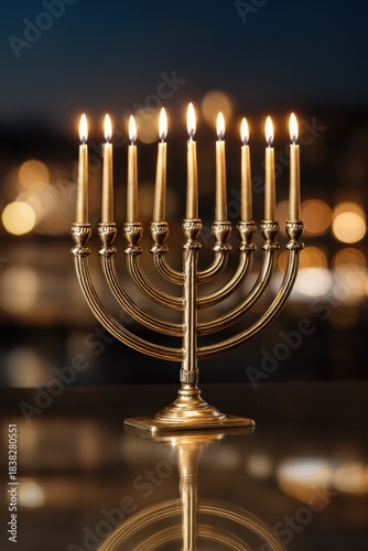 Golden menorah with nine lit candles glowing in evening light symbolizing Hanukkah Jewish holiday celebration