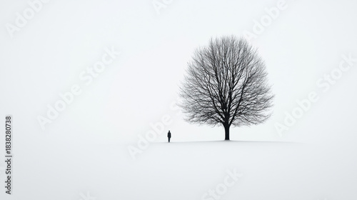 Christmas minimal landscape with single bare tree and solitary person standing in snow evoking peaceful winter solitude