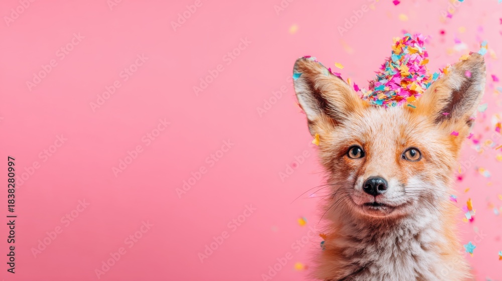 Obraz premium Fox with confetti on its head against a pink background creates a fun scene