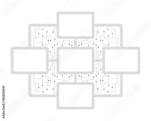 Blank blockchain network with digital connections 2D line object. Interconnected empty blocks with circuits and chains links isolated clipart vector ink outline item. Monochrome spot illustration