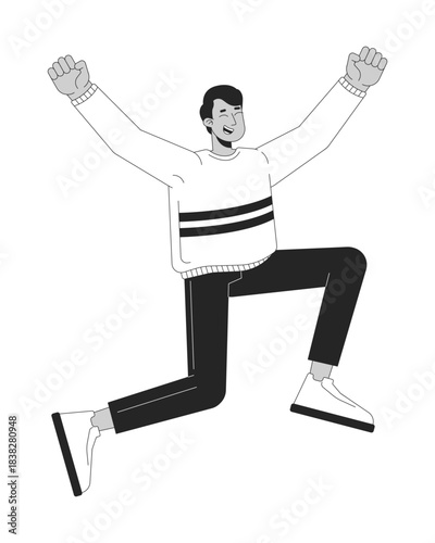 Joyful indian man jumping with raised arms 2D line character. Excited expression. Victory celebration. South asian guy leaping isolated vector ink outline person. Monochromatic spot illustration