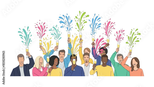 Celebratory Toast of Accomplishment: A diverse group of individuals comes together, their arms raised in a synchronized toast with champagne glasses, expressing collective triumph and camaraderie.