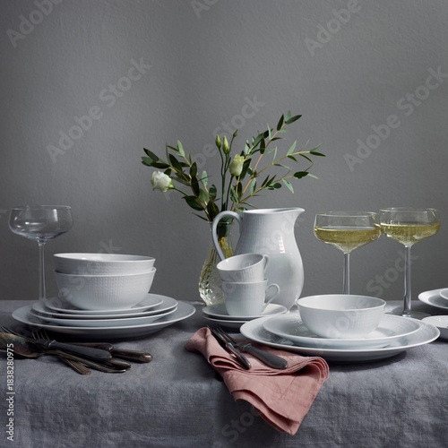 Tableau sur toile beautifully set table with white dishes, bouquet of flowers, gray background, el