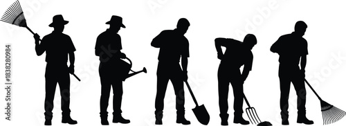 Silhouettes of Garden Workers Using Tools for Outdoor Landscaping, Yard Maintenance, Farming, and Seasonal Gardening in Vector Illustration Style
