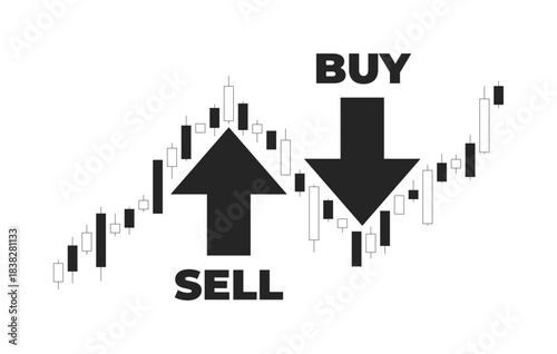 Financial candlestick chart with buy and sell arrows 2D line object. Price trend in forex trading. Stock market movement points isolated clipart vector ink outline item. Monochrome spot illustration