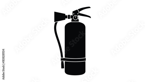 A simple black silhouette of a portable fire extinguisher displayed on a white background