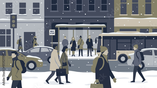Illustration of a bustling city street on a snowy winter day
