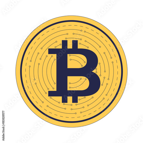 Digital bitcoin coin 2D cartoon object. Modern finance with circuit lines round. Blockchain currency. BTC money. Internet crypto isolated element flat vector clip art on white. Spot illustration