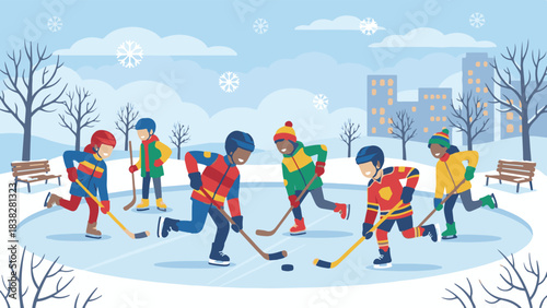 Diverse children playing ice hockey outdoors in a snowy winter landscape