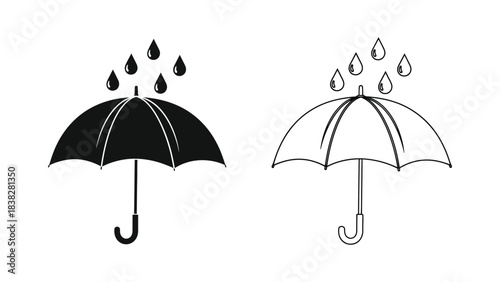 Black and white umbrella icons with raindrops representing weather protection