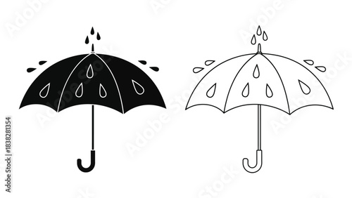 Black and white illustration depicting two umbrellas with falling raindrops