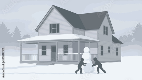 Two children building a snowman outside a house in a snowy winter landscape
