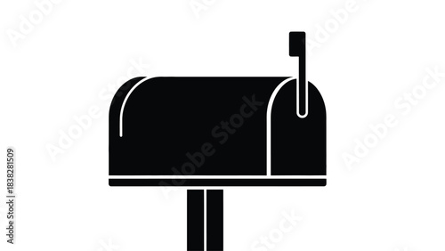 Simple black and white illustration of a classic mailbox with a flag up