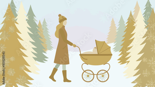 Woman pushing baby in stroller through snowy winter forest landscape