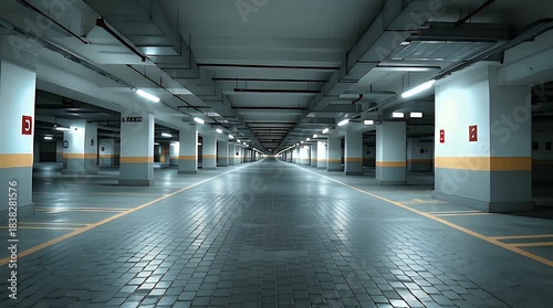 Empty Underground Parking Garage with Rows of Columns and Lights.