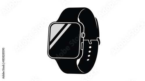 Simple black and white illustration of a modern smartwatch with a strap
