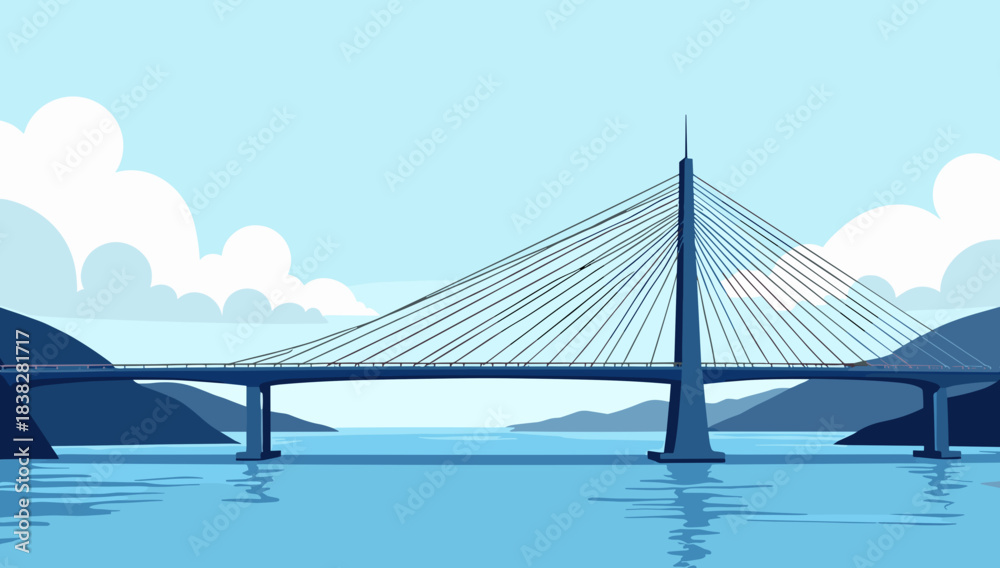 Fototapeta premium Blue cable-stayed bridge across mountain lake, bridge with hanging cables
