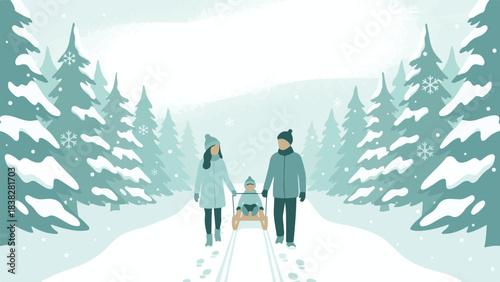 Family with baby on sled walking through snowy winter forest illustration