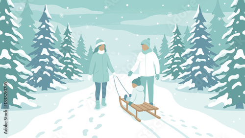 Family walking in a snowy winter forest with child on a sled illustration