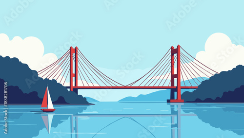 Red suspension bridge over calm bay with sailboat, bridge with hanging cables