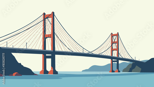 Illustrated suspension bridge with red towers spanning wide bay, bridge with hanging cables