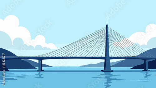 Blue cable-stayed bridge across mountain lake, bridge with hanging cables