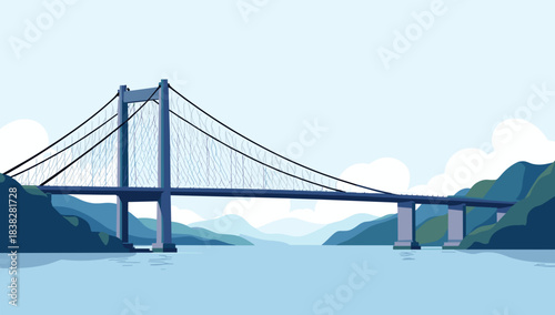 Suspension bridge spanning lush green valley, bridge with hanging cables