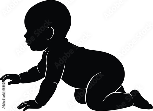 Black silhouette of crawling baby on white background, infant development posture, early childhood mobility, vector illustration for parenting content
