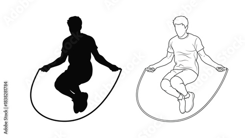 Two depictions of a person jumping rope one solid silhouette and one outline