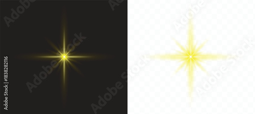 Bright yellow glowing starburst light effect with lens flare on transparent background, isolated on white