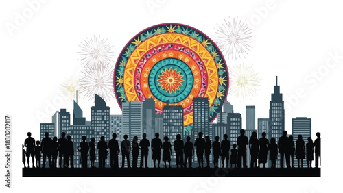 Celebration over City: A graphic design representing a celebratory event in urban environment. Silhouettes of people below with city silhouette and decorations in the background. 