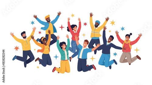 Joyful Ascent: A Diverse Collective in Celebration, leaping skyward, the essence of unity and shared elation. A moment frozen in time.