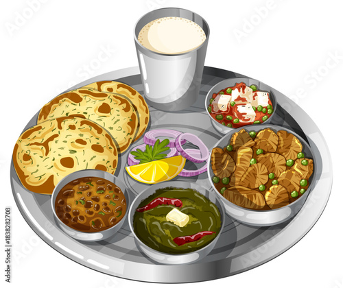 Authentic North Indian Thali Vector Illustration: Traditional Punjabi Cuisine Meal Platter with Makki ki Roti, Sarson Ka Saag, Dal, Soya Matar Curry, Matar Paneer, and Lassi Drink.