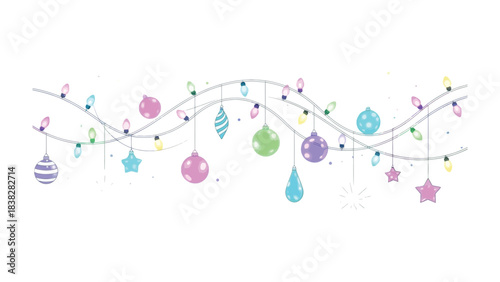 Festive Garland of Ornaments and Lights: A vibrant display of festive ornaments and twinkling lights cascade across, illuminating the scene.