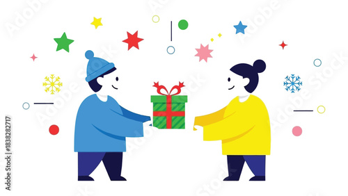 Shared Gift: Two individuals exchange a beautifully wrapped present, symbolizing generosity, sharing, and the spirit of giving. Whimsical elements surround the exchange, creating a festive atmosphere.