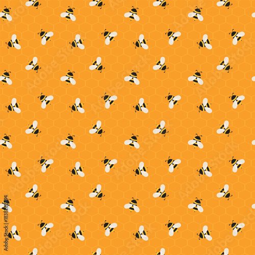 Honey bees on comb seamless pattern with bright orange hive background