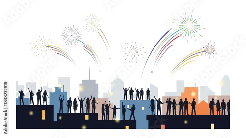 Cityscape Celebration: A silhouette of a cityscape, punctuated by the dazzling display of fireworks, illuminates a joyous gathering of individuals, celebrating a momentous occasion.