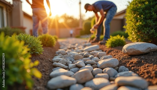 Landscaping crew installs decorative river rock path with green plants. Workers install garden stones around house exterior. Sunny day outdoor yard beautification project.
