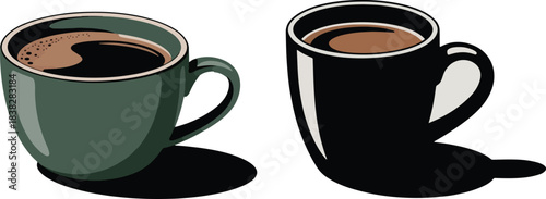 Realistic Hot Coffee in Green and Black Mugs – Photographic Quality