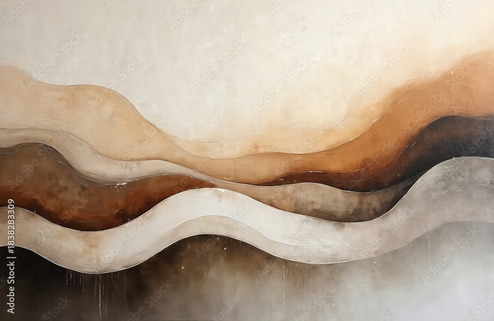 Obraz premium Abstract wavy lines in earthy tones create dynamic, flowing composition. Layers of beige, brown, grey suggest natural forms, movement. Artwork evokes organic texture, minimalist design for versatile