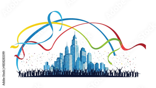 City Skyline Celebration: An uplifting visual of a city skyline is adorned with celebratory ribbons, symbolizing growth, innovation and achievement.