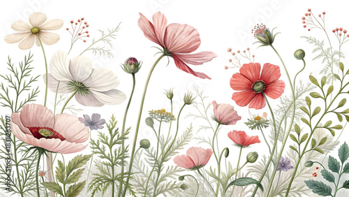 Watercolor Wildflower Garden Border on White